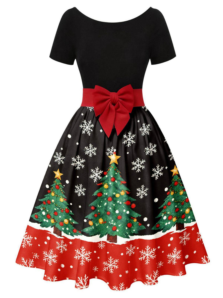 1950s Christmas Tree Patchwork Bow Belted Swing Dress