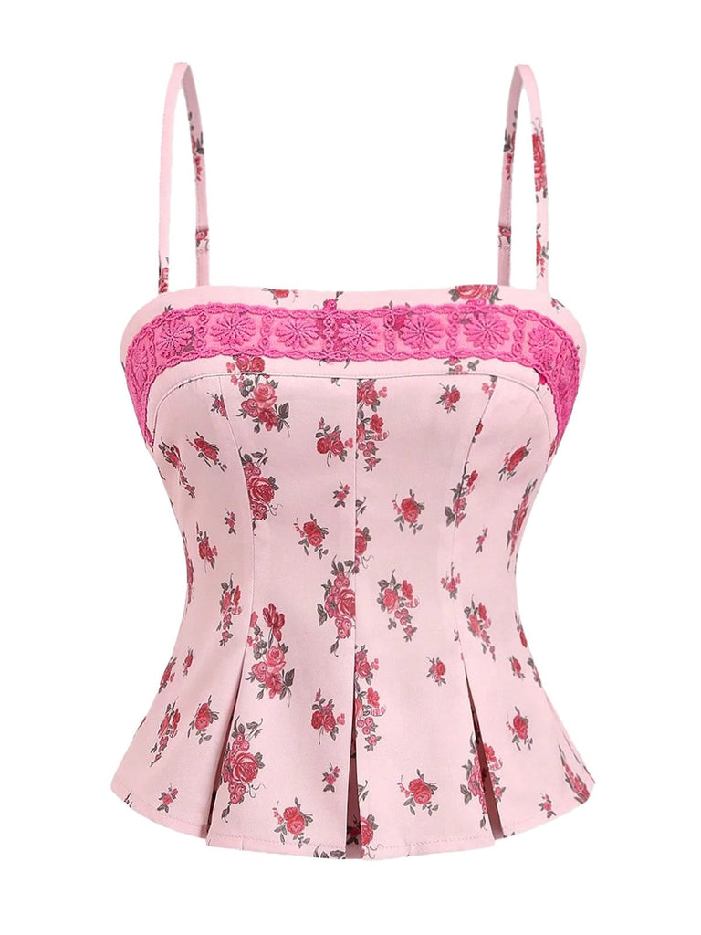 Pink 1960s Floral Lace Patchwork Pleated Camisole