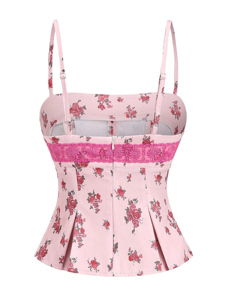 Pink 1960s Floral Lace Patchwork Pleated Camisole