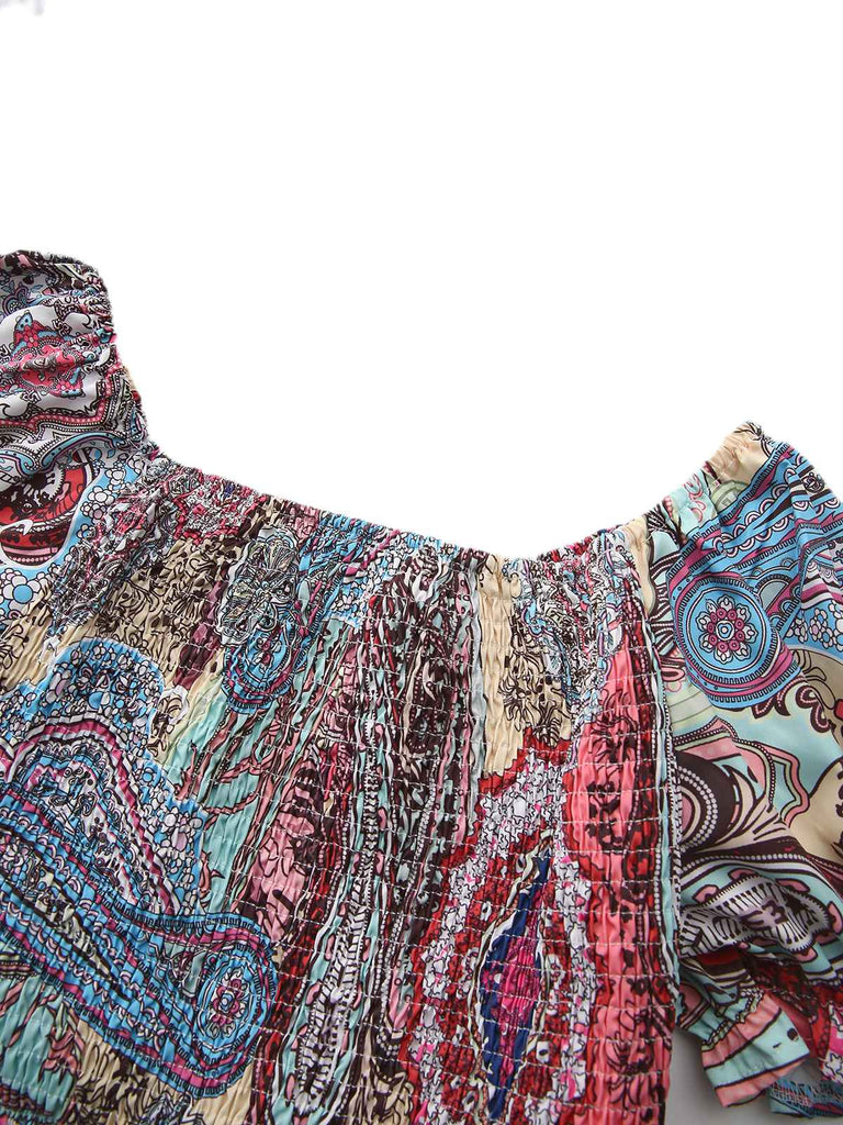 Multicolor 1970s Boho Paisley Print Smocked Puff Dress