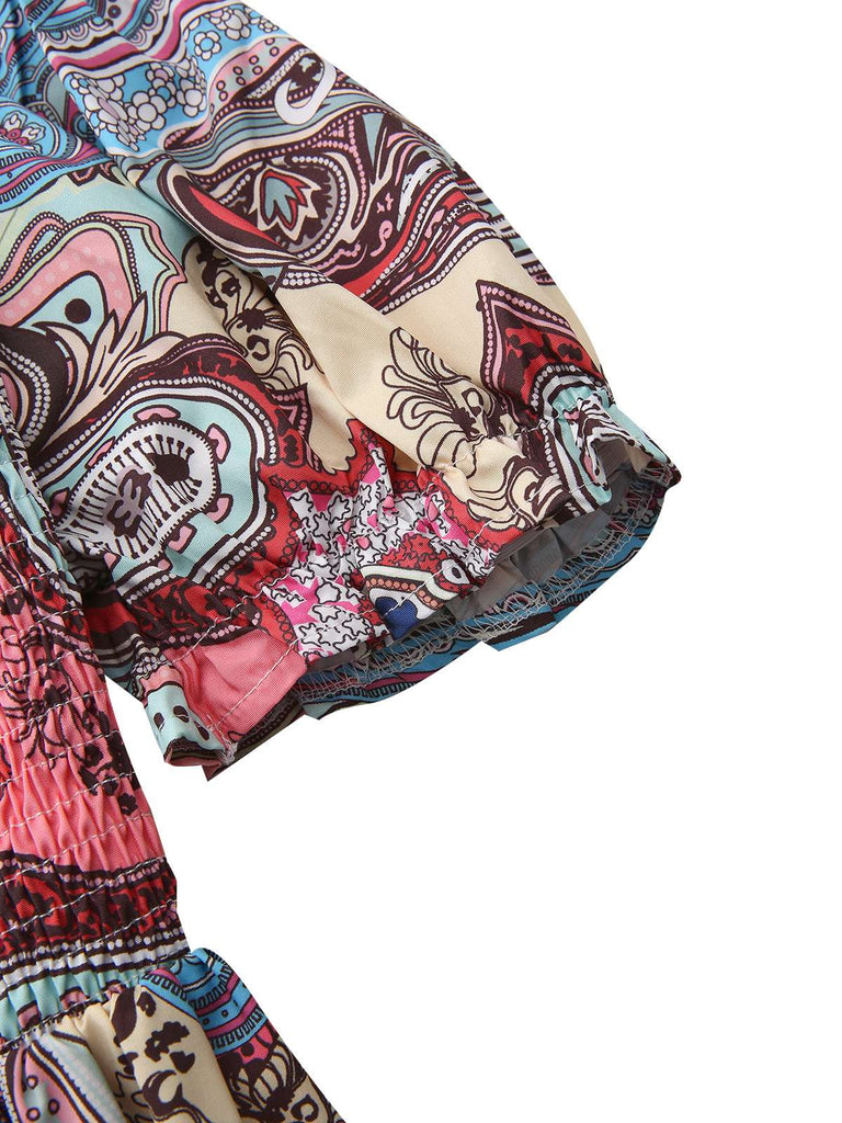 Multicolor 1970s Boho Paisley Print Smocked Puff Dress