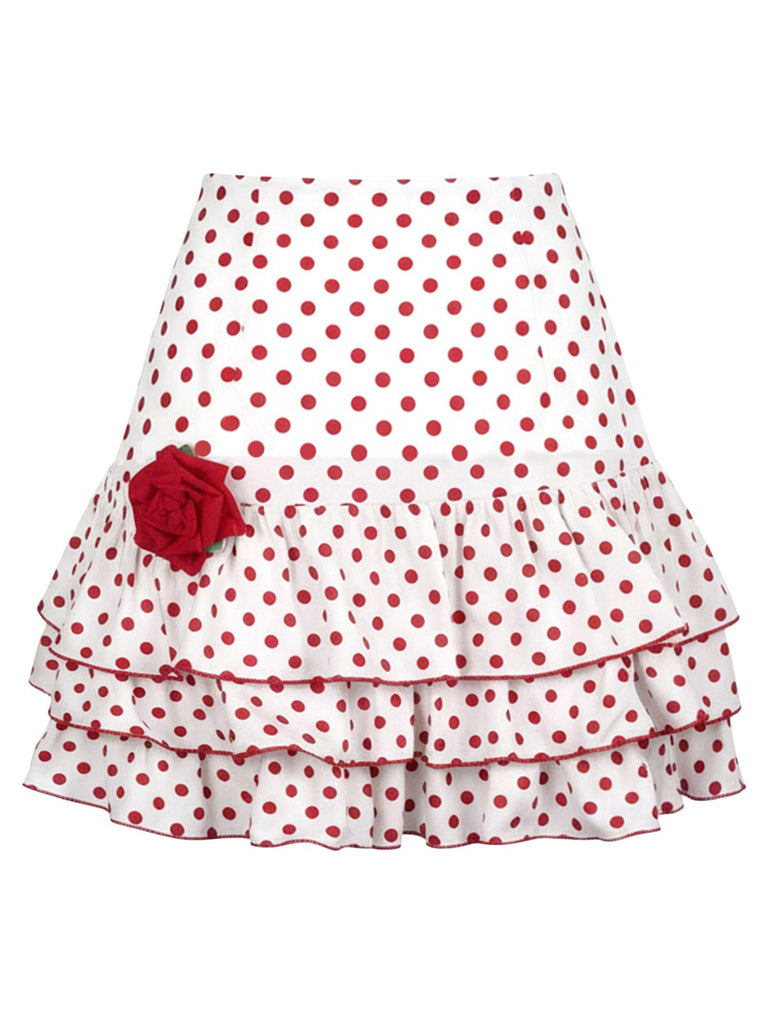 [Pre-Sale] 2PCS Red 1950s Ruffled Rose Knit Top & Polka Dot Skirt