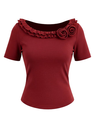 [Pre-Sale] Red 1950s Double Layer Ruffled Rose Knit Top