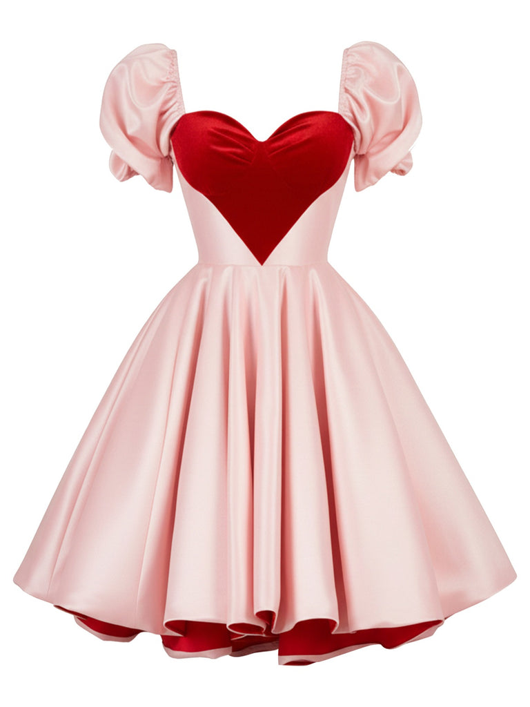 [Pre-Sale] Pink 1950s Sweet Heart Puff Sleeve Double Layer Dress