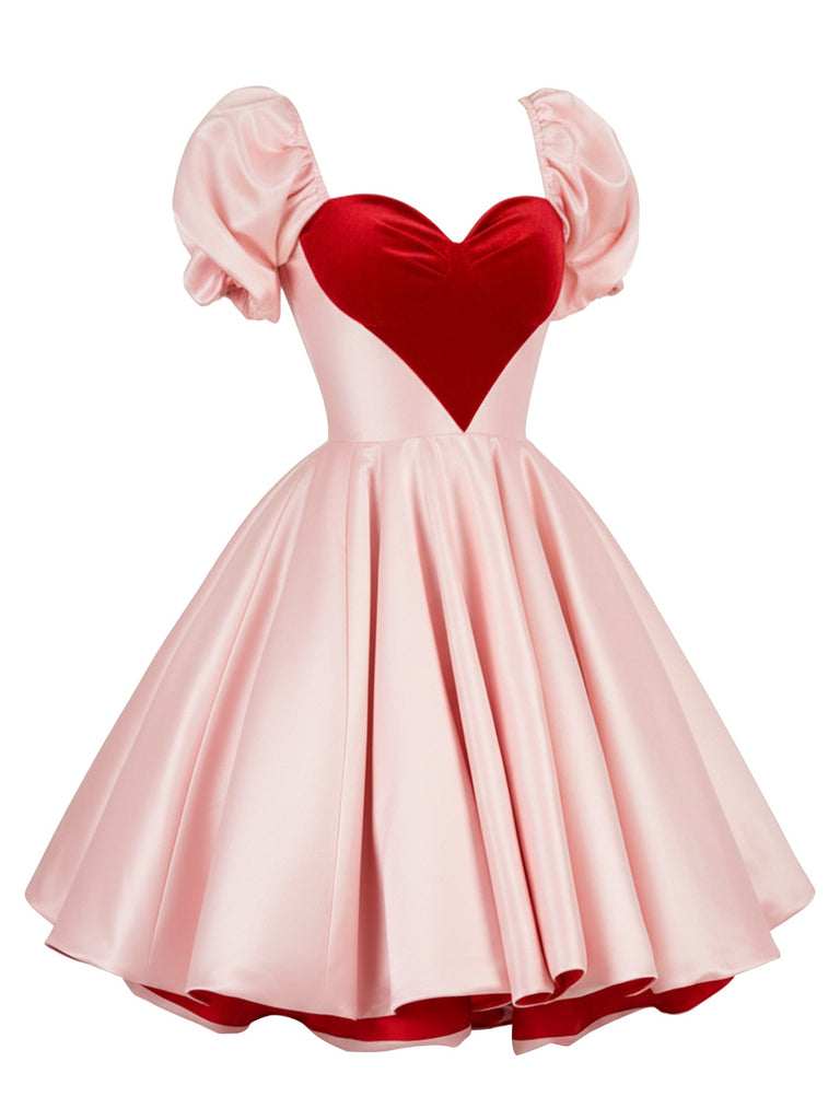 [Pre-Sale] Pink 1950s Sweet Heart Puff Sleeve Double Layer Dress