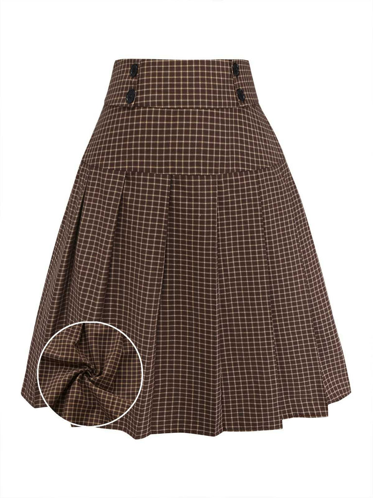 [Pre-Sale] Brown 1940s Button Plaid Pleated Skirt