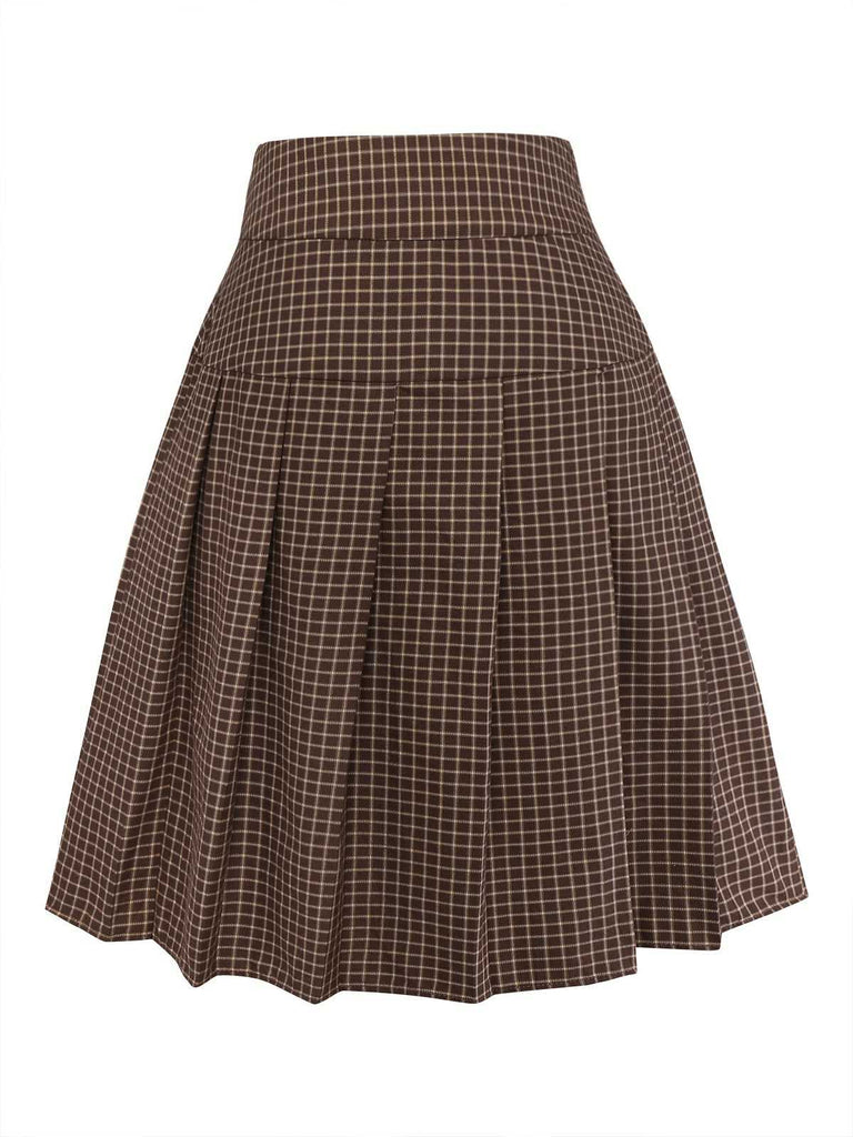 [Pre-Sale] Brown 1940s Button Plaid Pleated Skirt