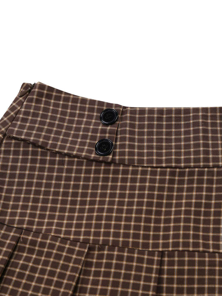 [Pre-Sale] 2PCS 1940s Plaid Button Bow Blouse & Pleated Skirt