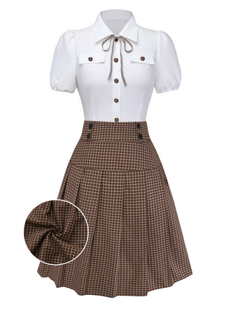 [Pre-Sale] 2PCS 1940s Plaid Button Bow Blouse & Pleated Skirt