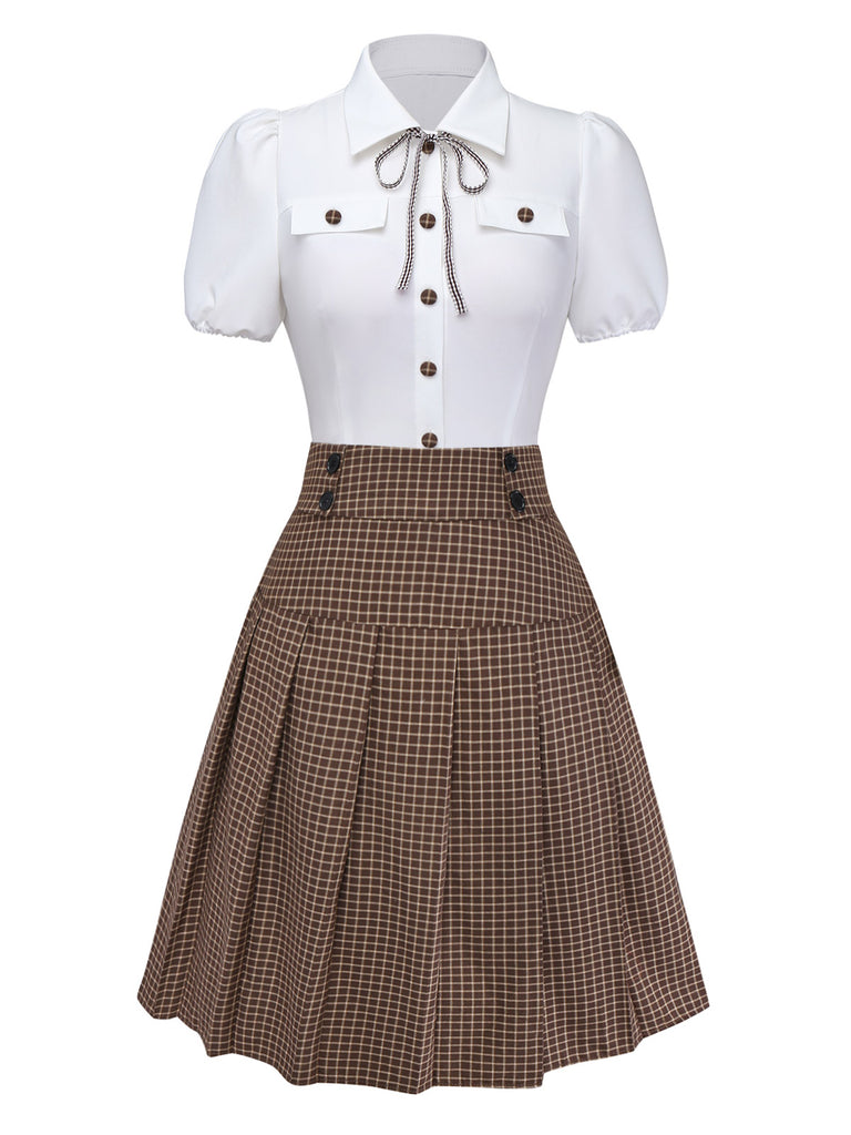 [Pre-Sale] 2PCS 1940s Plaid Button Bow Blouse & Pleated Skirt