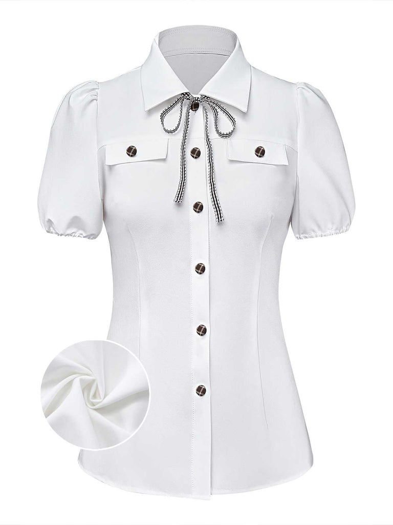 [Pre-Sale] White 1940s Plaid Button Bow Tie Blouse