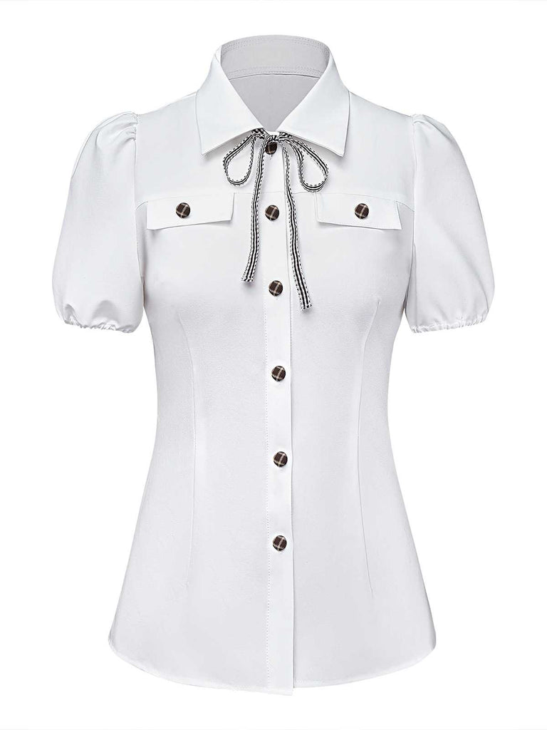 [Pre-Sale] 2PCS 1940s Plaid Button Bow Blouse & Pleated Skirt