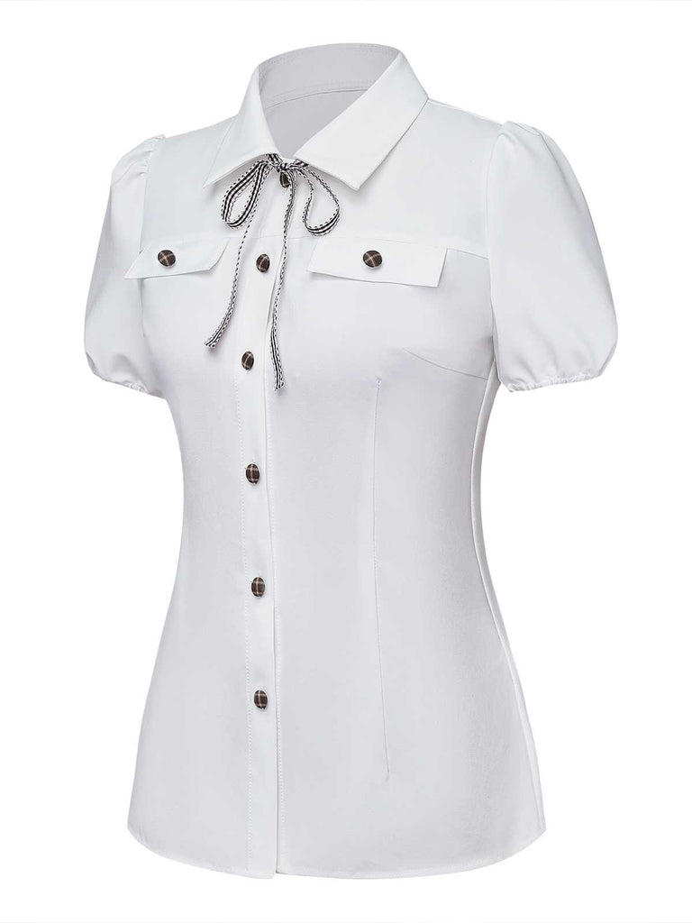 [Pre-Sale] White 1940s Plaid Button Bow Tie Blouse