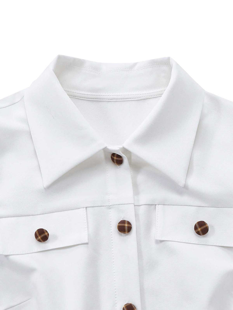 [Pre-Sale] White 1940s Plaid Button Bow Tie Blouse