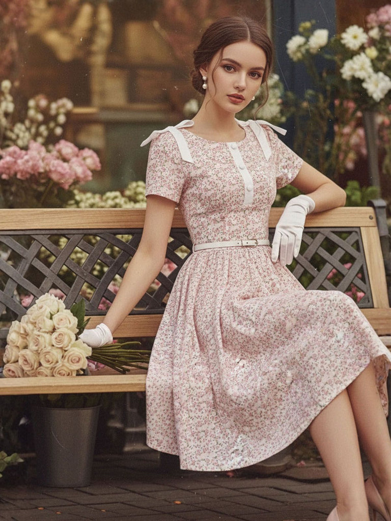 [Pre-Sale] Pink 1940s Ditsy Floral Bow Belted Dress
