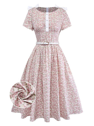 [Pre-Sale] Pink 1940s Ditsy Floral Bow Belted Dress