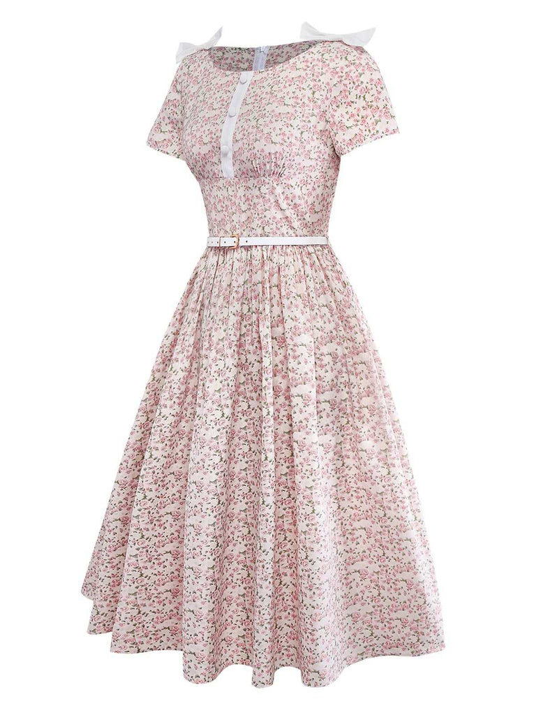 [Pre-Sale] Pink 1940s Ditsy Floral Bow Belted Dress