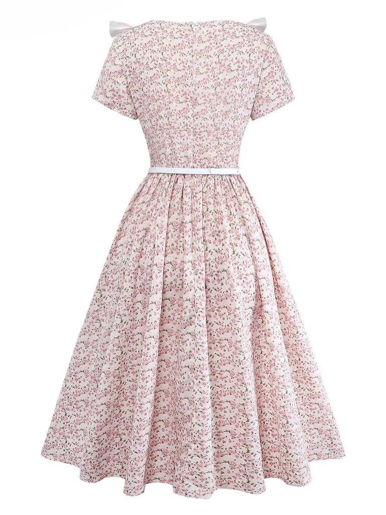[Pre-Sale] Pink 1940s Ditsy Floral Bow Belted Dress