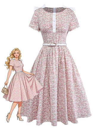 [Pre-Sale] Pink 1940s Ditsy Floral Bow Belted Dress