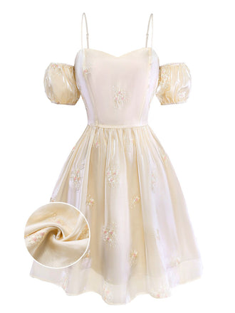 [Pre-Sale] White 1950s Embroidered Puff Sleeve Organza Dress