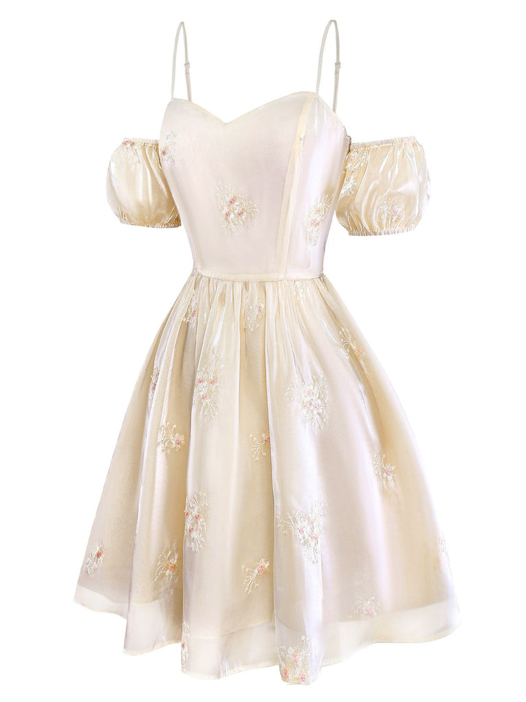 [Pre-Sale] White 1950s Embroidered Puff Sleeve Organza Dress