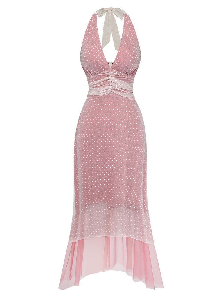 [Pre-Sale] Rose Pink 1930s Polka Dot Mesh V-Neck Dress