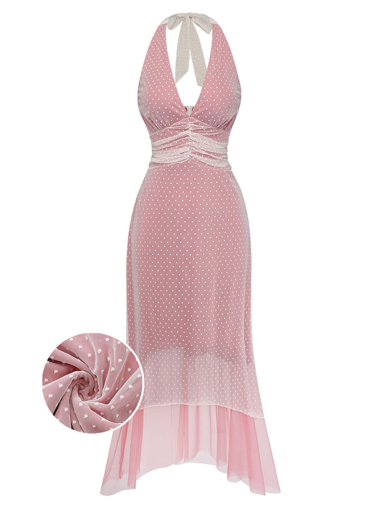 [Pre-Sale] Rose Pink 1930s Polka Dot Mesh V-Neck Dress