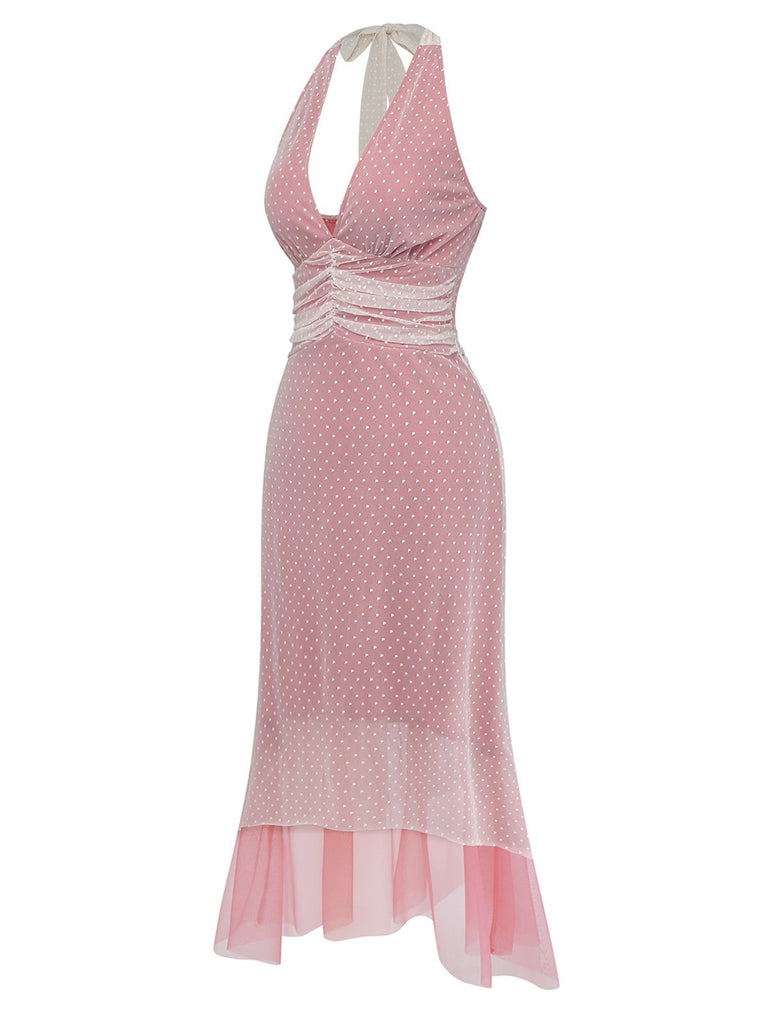 [Pre-Sale] Rose Pink 1930s Polka Dot Mesh V-Neck Dress