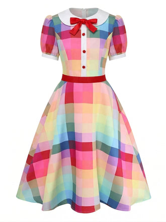[Pre-Sale] 1950s Rainbow Plaid Button Bow Peter Pan Collar Dress