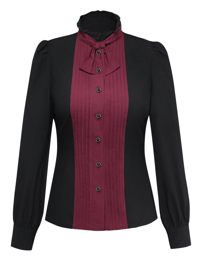 [Pre-Sale] Black 1940s Cotton Tucker Pleated Bow Blouse