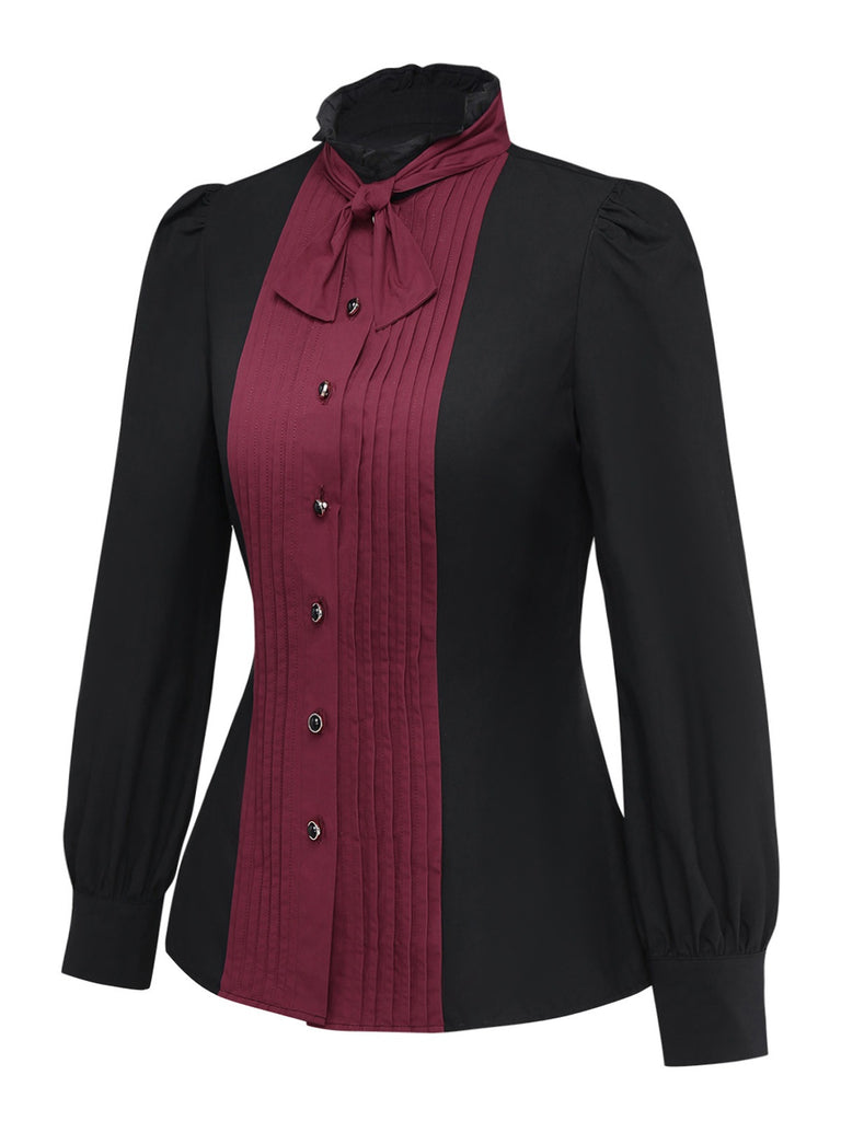 [Pre-Sale] Black 1940s Cotton Tucker Pleated Bow Blouse