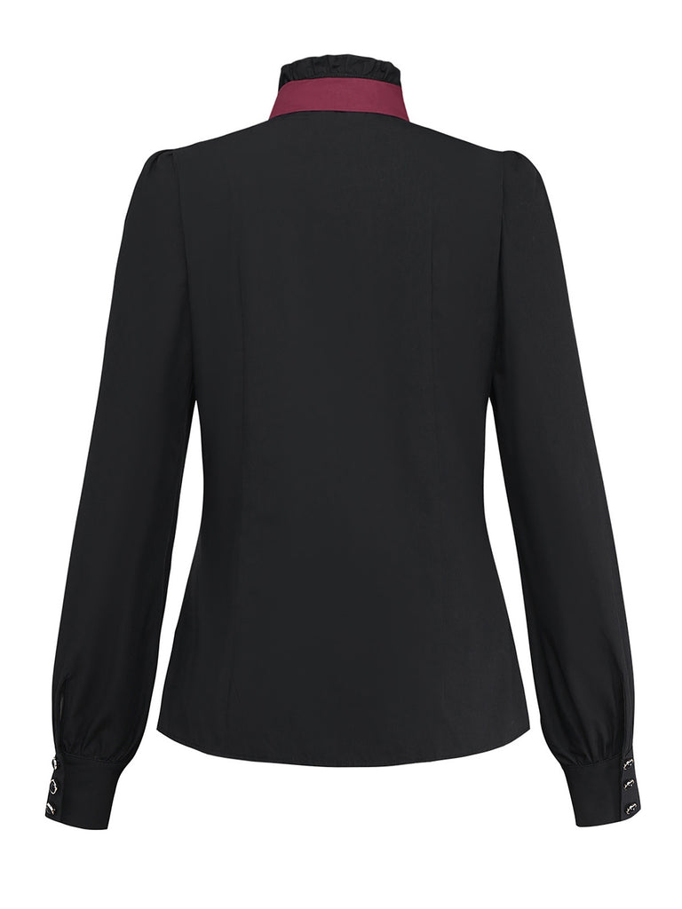 [Pre-Sale] Black 1940s Cotton Tucker Pleated Bow Blouse