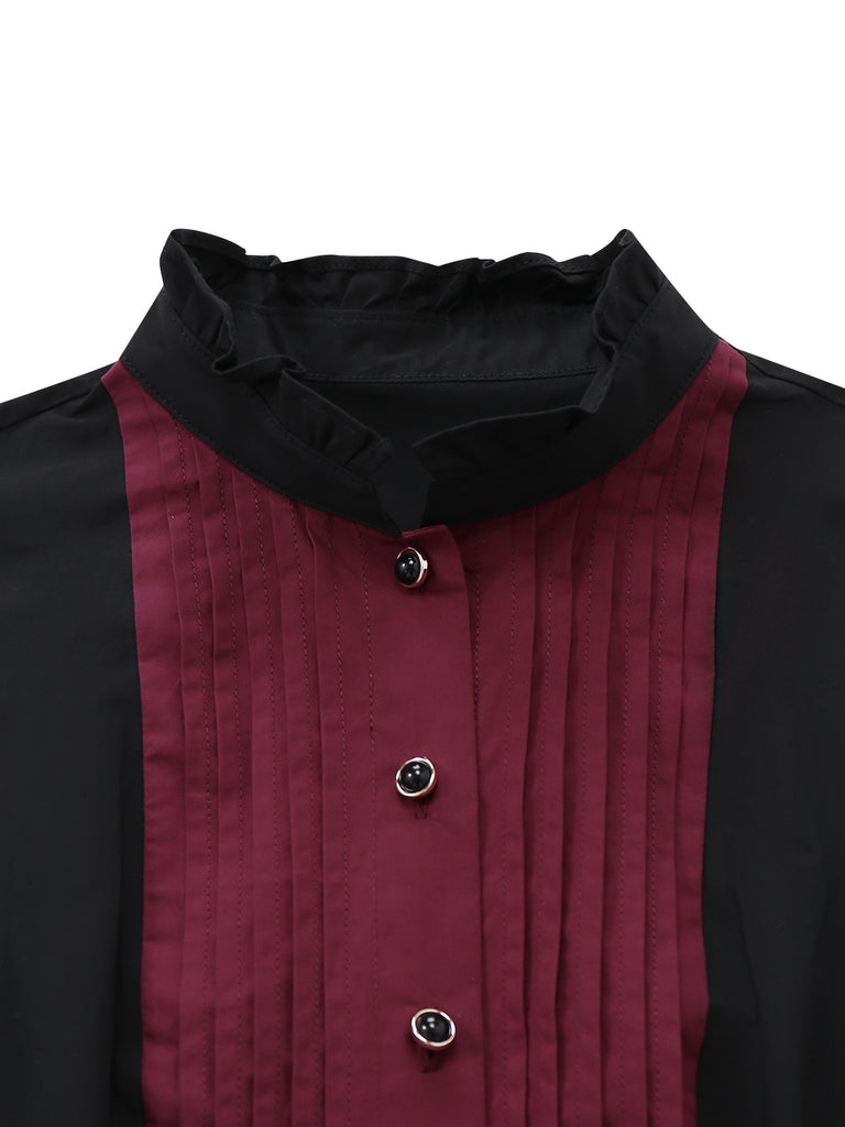 [Pre-Sale] Black 1940s Cotton Tucker Pleated Bow Blouse