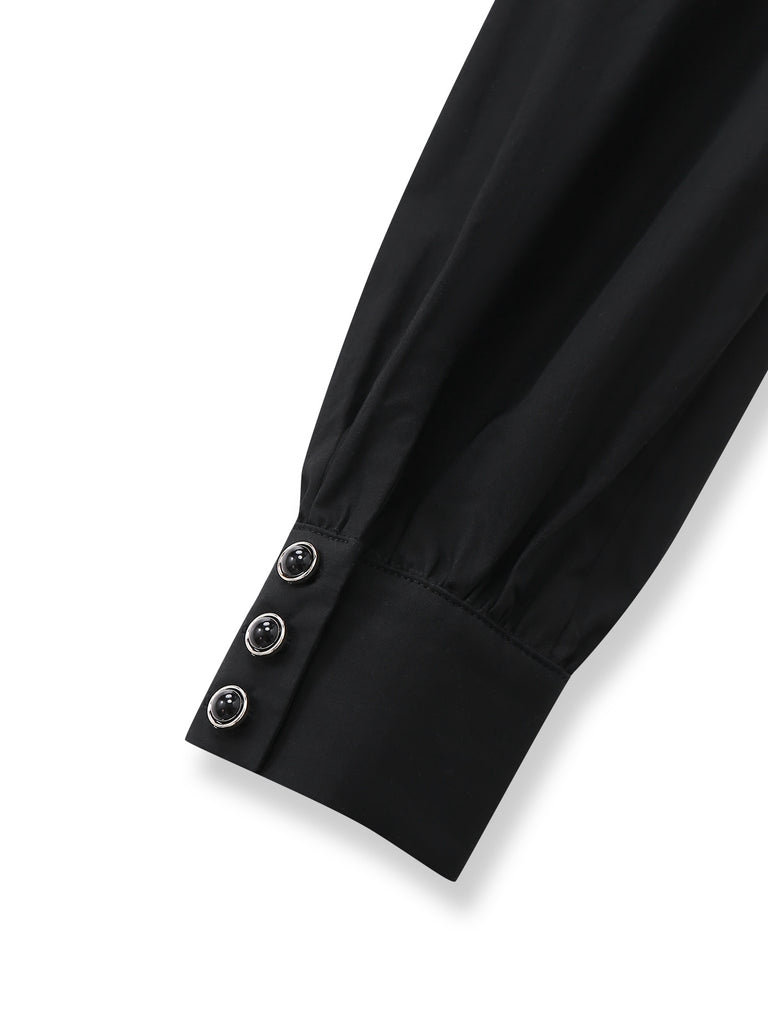 [Pre-Sale] Black 1940s Cotton Tucker Pleated Bow Blouse