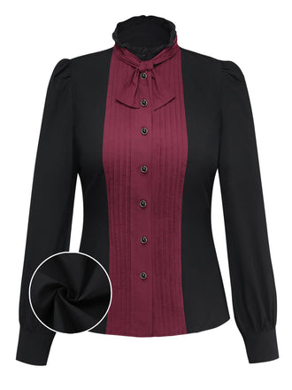 [Pre-Sale] Black 1940s Cotton Tucker Pleated Bow Blouse