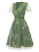 [Pre-Sale] Green 1950s Floral Puff Sleeve Mesh Embroidered Dress
