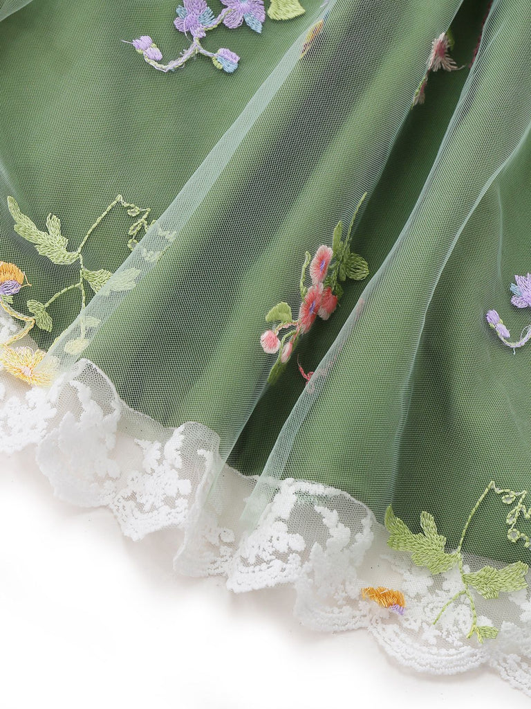 [Pre-Sale] Green 1950s Floral Puff Sleeve Mesh Embroidered Dress