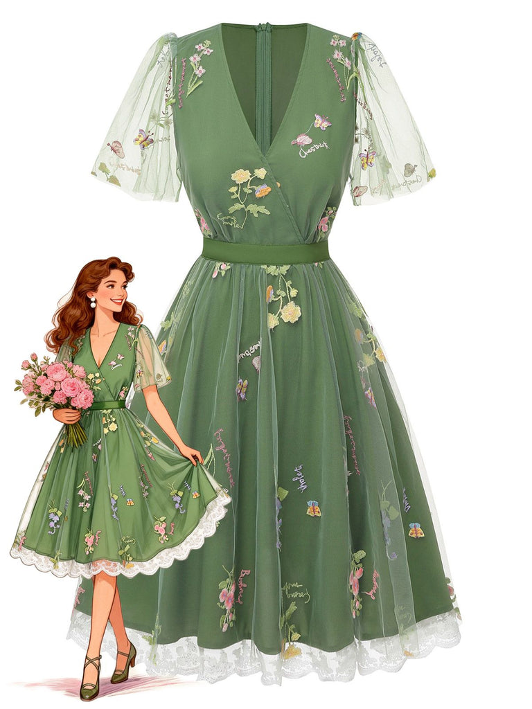 [Pre-Sale] Green 1950s Floral Puff Sleeve Mesh Embroidered Dress