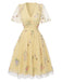 Green 1950s Floral Puff Sleeve Mesh Embroidered Dress