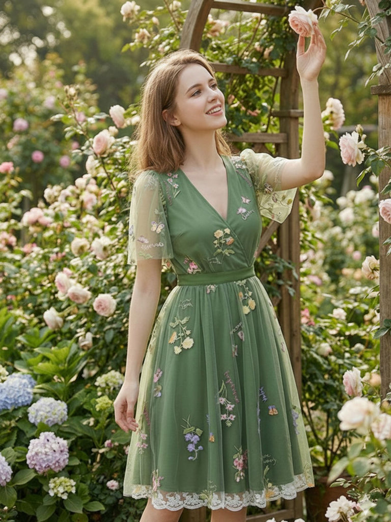 [Pre-Sale] Green 1950s Floral Puff Sleeve Mesh Embroidered Dress
