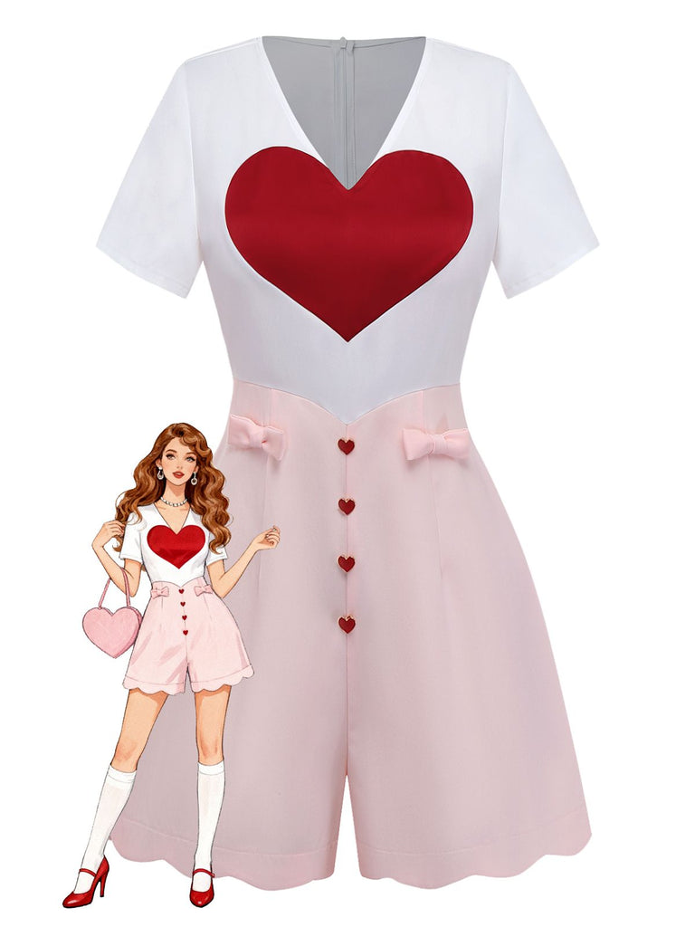 [Pre-Sale] White 1960s Heart Print Pink Button Detail Romper