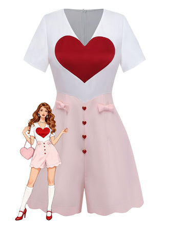 [Pre-Sale] White 1960s Heart Print Pink Button Detail Romper