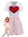 [Pre-Sale] White 1960s Heart Print Pink Button Detail Romper