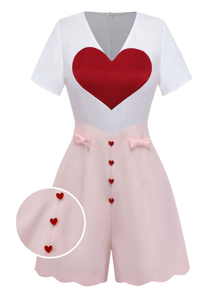 [Pre-Sale] White 1960s Heart Print Pink Button Detail Romper