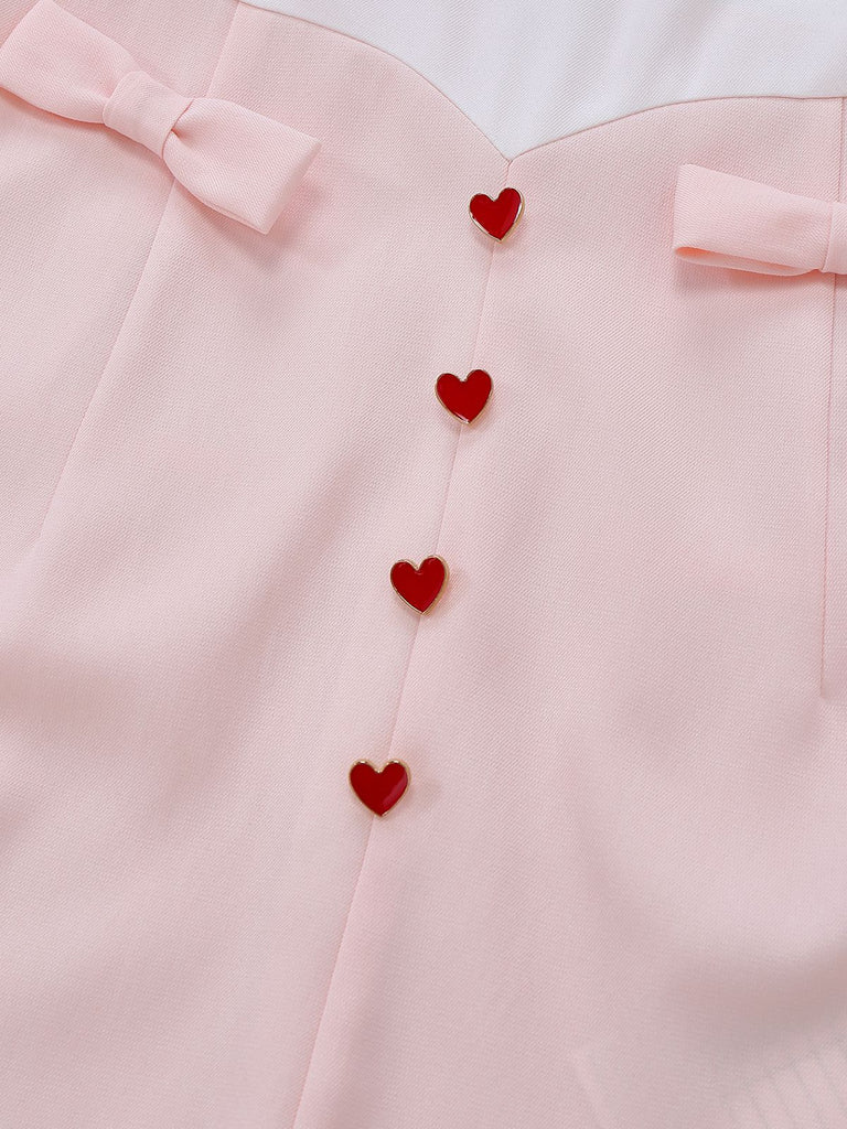 [Pre-Sale] White 1960s Heart Print Pink Button Detail Romper