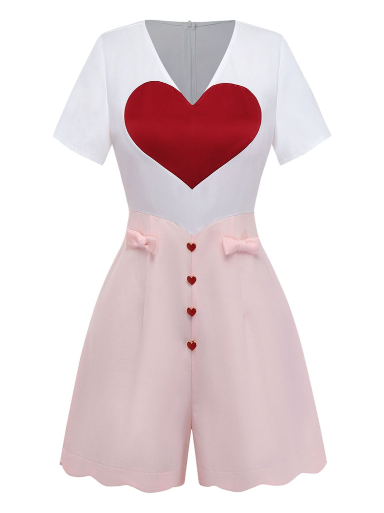 [Pre-Sale] White 1960s Heart Print Pink Button Detail Romper
