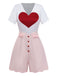 [Pre-Sale] White 1960s Heart Print Pink Button Detail Romper