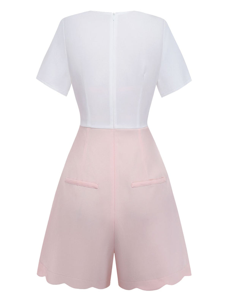 [Pre-Sale] White 1960s Heart Print Pink Button Detail Romper