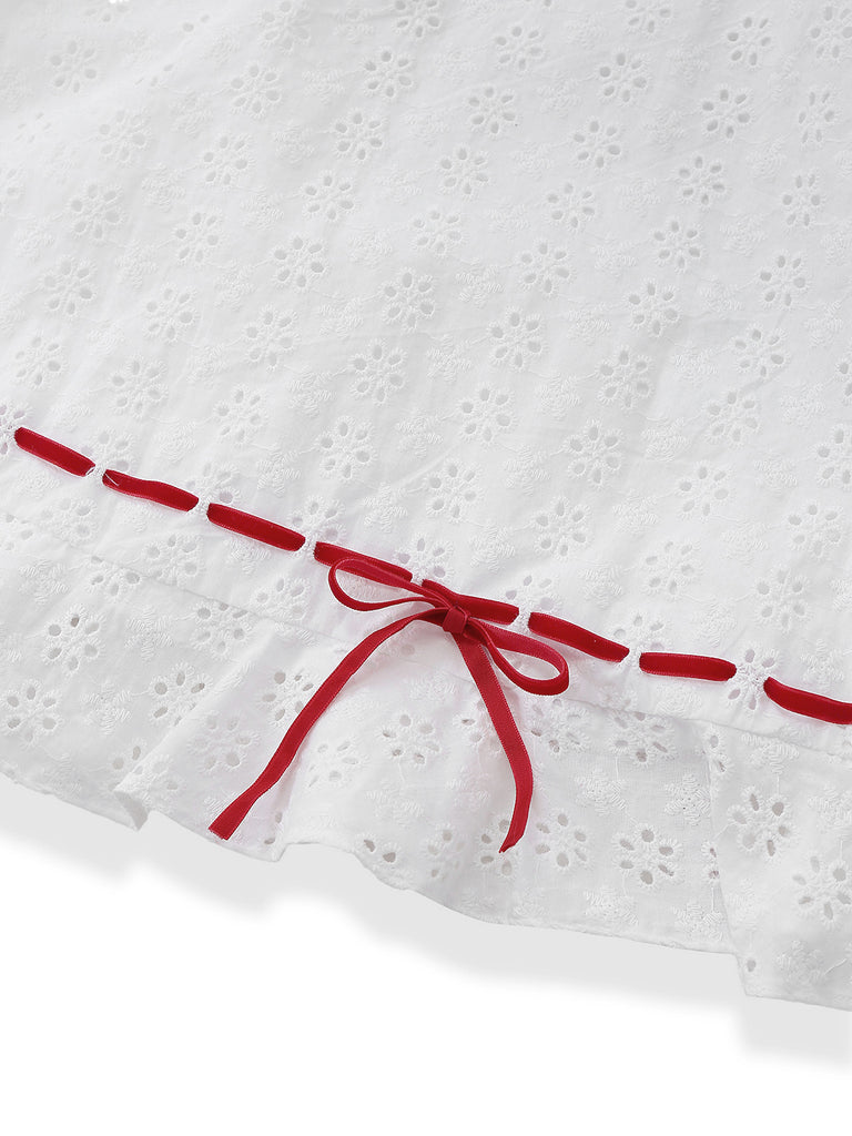 [Pre-Sale] White 1960s Cotton Embroidered Bow Puff Ruffled Dress