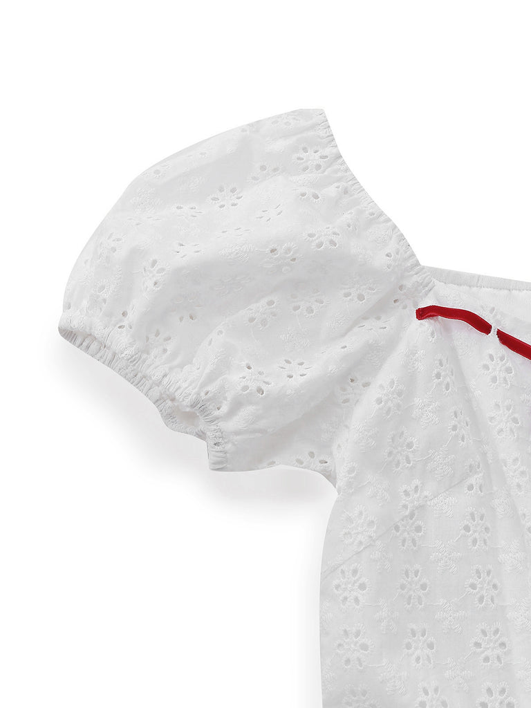 [Pre-Sale] White 1960s Cotton Embroidered Bow Puff Ruffled Dress